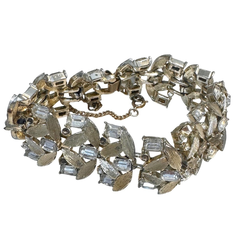 Francois Vintage Gold Tone Leaf Link Bracelet Clear Baguette Rhinestone Signed